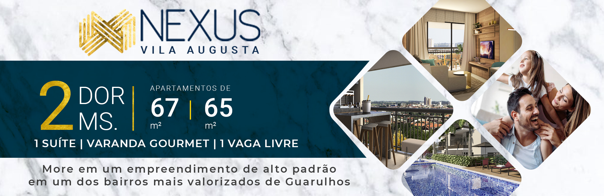 Nexus Vila Augusta | Apartamentos de 67 & 65 m² | 2 dormitórios, 1 suíte | Varanda Gourmet | Vaga de garagem livre | Torre Única
