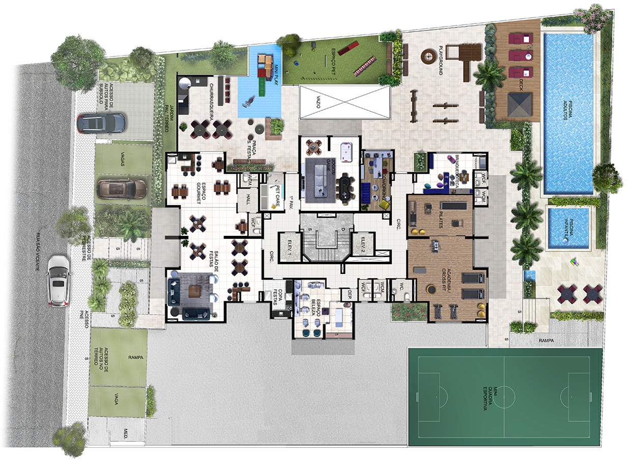 Implantação do Condomínio Nexus Vila Augusta  com todos os seus itens de lazer