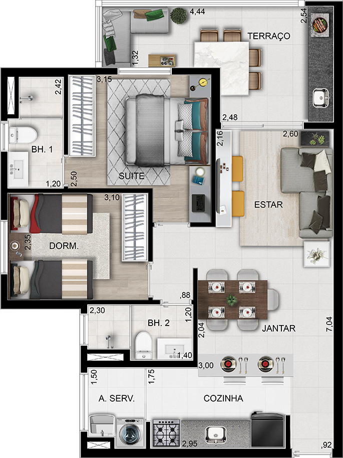 Planta do Apartamento Nexus Vila Augusta de 65m² | 2 Dorms | 1 Suíte | Varanda Gourmet