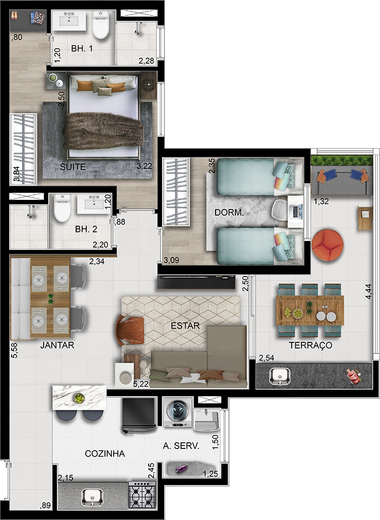 Planta do Apartamento Nexus Vila Augusta de 67m² | 2 Dorms | 1 Suíte | Varanda Gourmet