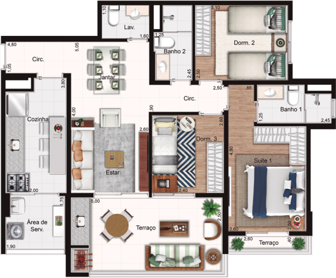 Planta do Apartamento Tailor Made Bosque Maia de 86m² | 3 Dorms | 1 Suíte | Varanda Gourmet
