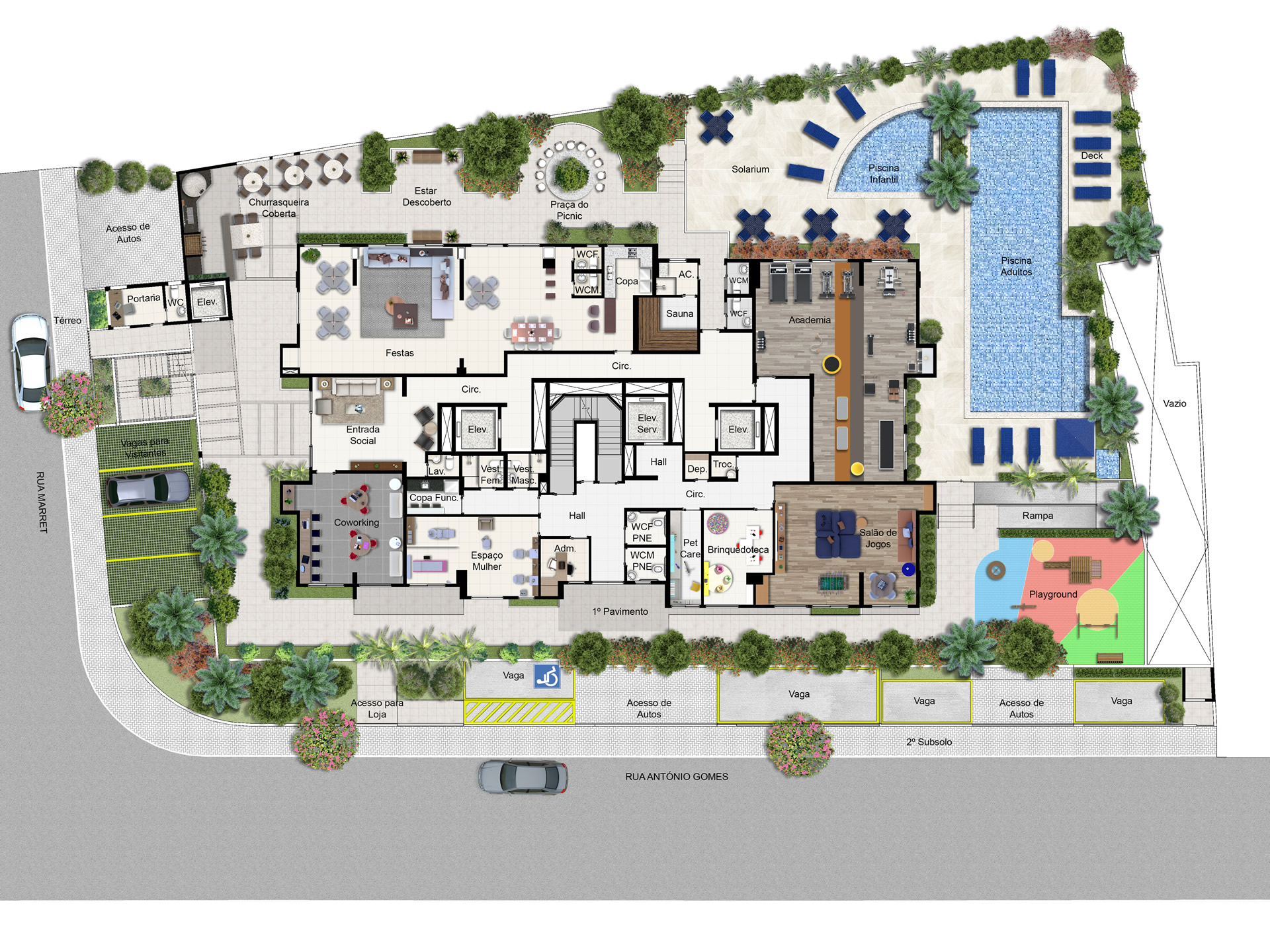 Implantação do Condomínio Tailor Made Bosque Maia com todos os seus itens de lazer