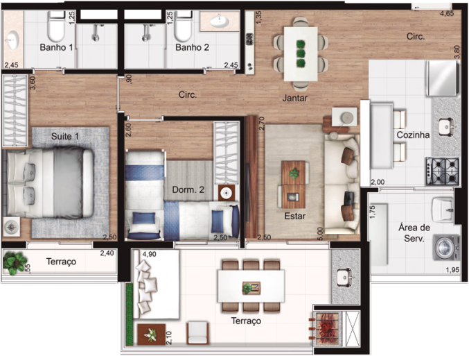 Planta do Apartamento Tailor Made Bosque Maia de 70m² | 2 Dorms | 1 Suíte | Varanda Gourmet