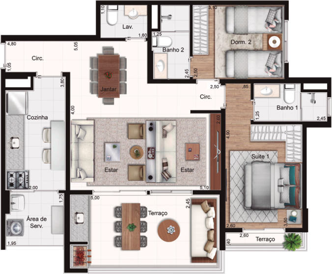 Planta do Apartamento Tailor Made Bosque Maia de 86m² | 2 Dorms | 2 Suítes | Varanda Gourmet