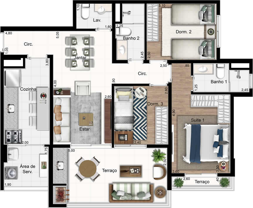 Planta do Apartamento Tailor Made Bosque Maia de 86m² | 3 Dorms | 1 Suíte | Varanda Gourmet